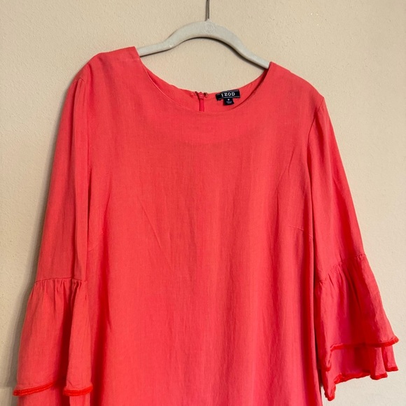 Izod Size Medium Dress Ruffle Bell Sleeve Linen Blend Dress Calypso Coral - Picture 4 of 16